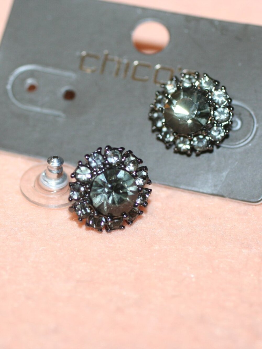 Chico's Smokey Green Flower Diamond Glass Stud Earrings Costume